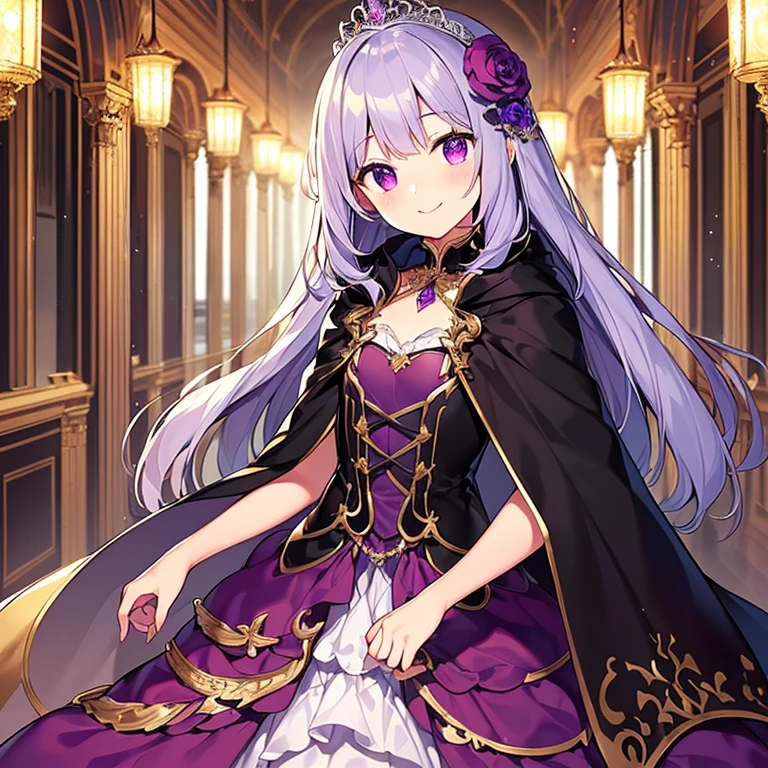 (kawaii),(best quality),(ultra detailed), upper body,(rococo style),(long train dark violet cape:1.15), very long cape,(long train dark violet ball gown with flower decorations), a girl is wearing a cape over her gown, 1 little princess, tiara, smile, small breasts, very long hair