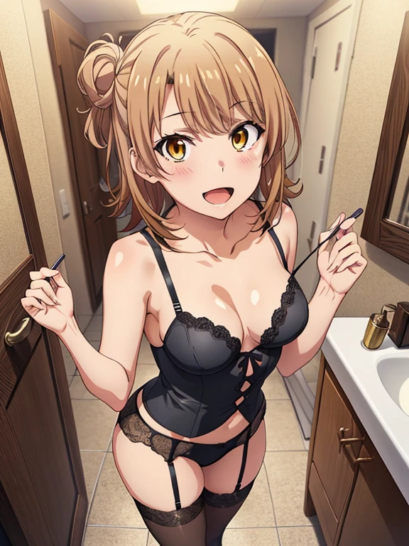 ((masutepiece, Best Quality, hight resolution, nffsw, Perfect Pixel, depth of fields, 4K, )), 1girl in, Solo, , Beautiful anime girl, Beautiful Art Style,
standing:1.3, bathroom background, Looking at viewer.
Perfect body, happy face, show teeth, front facing:1.4,
isshiki iroha, medium breasts, Full face blush, black stockings, black lingerie, black platrorm heels,
straight-on:1.3, medium shot