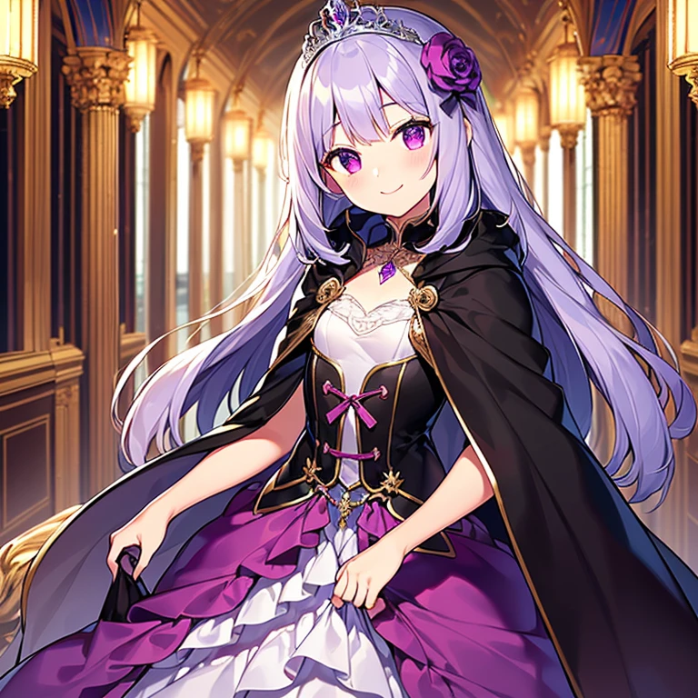 (kawaii),(best quality),(ultra detailed), upper body,(rococo style),(long train dark violet cape:1.15), very long cape,(long train dark violet ball gown with flower decorations), a girl is wearing a cape over her gown, 1 little princess, tiara, smile, small breasts, very long hair