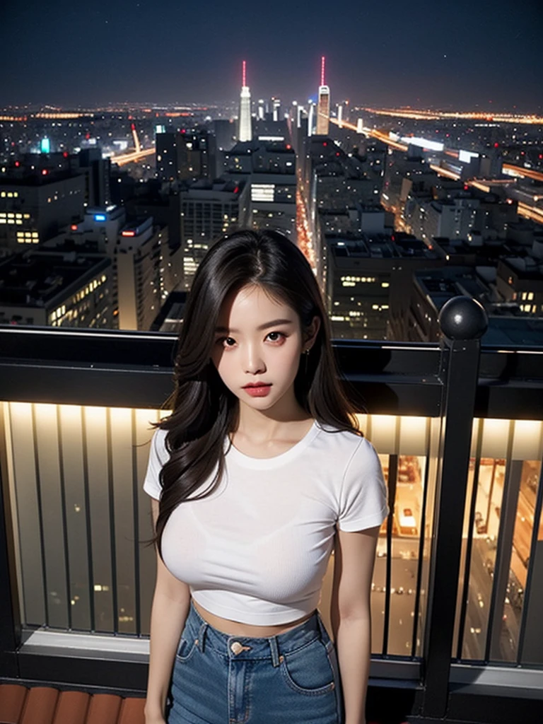 ((Midnight, Best quality, 8k, Masterpiece :1.3)), Whole body, Long legs, Sharp focus :1.2, A pretty woman with perfect figure :1.4, Slender abs :1.1, ((Dark brown hair,Gigantic breasts :1.2)), (White tight tshirt, Jean bib, Standing:1.2), ((Night city view, Rooftop:1.3)), Highly detailed face and skin texture, Detailed eyes, Double eyelid