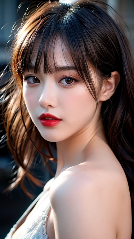 (8ก, Highest quality: 1.2), Extremely detailed, thorough resolution, (realistic, realistic photo: 1.37), Portrait, high definition RAW color photograph, professionally arrested, high definition and beautiful, high definition, 8ก Image wallpaper, Amazing details, Big file size, highly detailed beautiful girl, Extremely detailed face, Finely defined eyes, The skin has a fine texture., Every feature is meticulously displayed., The fingers were neatly outlined., The nose has a precise shape., expressive lips red lipstick , perfect anatomy, background is not blurred, one story, (20:1.2), Twenty generations, cute girl, realistic