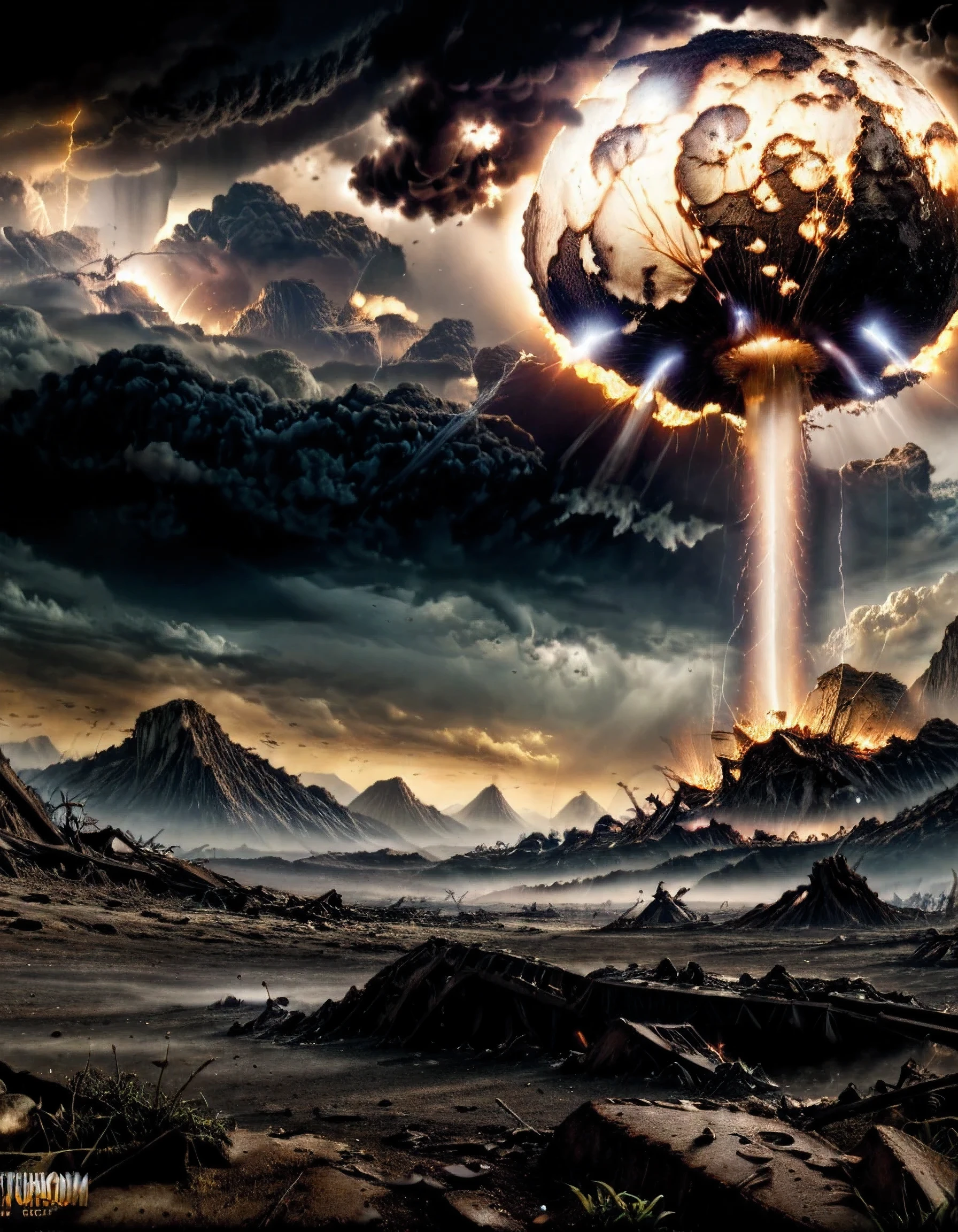 (masterpiece:1.2) (best quality) (detailed) (intricate) (8k) (HDR) (wallpaper) (cinematic lighting) (sharp focus) extremely realistic apocalyptic world extinction event nuclear explosions nuclear Holocaust mature themese, gory, majestif blinding light from the mushroom clouds, environmental volumetric lighting, dramatically lighting, surreal nightmare destruction