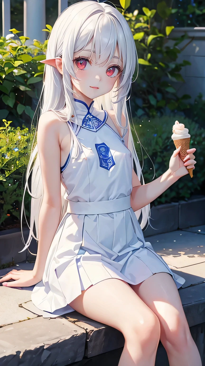 (Eating ice cream with mouth open).Girl、Very cute girl、()、white hair、Long Straight Hair、Bangs are too close to the eye、Light red eyes、(Normal human ear)、Thin arms、Beautiful body、Slim legs、Shapely breasts、clear white skin、smile、(T-Shirtini skirt、White and blue)、I know the shape of the nipples、(rose garden)、Ultra HD、Digital SLR,Sit on、