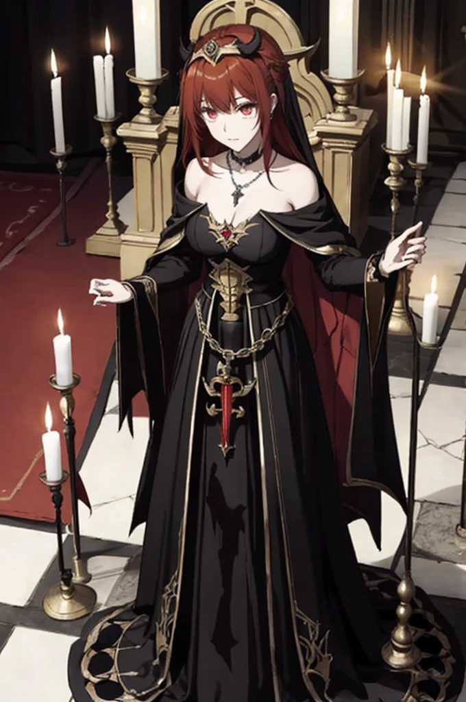 ((highest quality)), ((masterpiece)), (be familiar with), Perfect Face、The Enchanting Body of Celica（FE）、Red hair、The perfect proportions、semi-long、necklace、Bangles、Caster wheel、Circlet、Luxury Accessories、first round、naked、Fallen into evil、、Blank look、Engagement Rings、全naked、Hollow Eyes、Ritual of Summoning Demons、Dark Room、Red magic circle on the floor、、Lots of candlesticks and candles、darkness、Black sheets、Devil's Altar、Suspicious rituals、A large number of skull objects、Big magic circle on the floor、Skull Candlestick、Luxury Jewelry、Offered on the altar、Be baptized by the devil、Skeleton Crown、black large gemstone pendant、empty eyes、Apathy、Expressionless、Black priestly uniform、devil&#39;s priest、believer in demons、dark priest、Black religious clothing、Richly decorated priestly vestments、Black clothes、Black Veil、Devil's Ornaments、Devil&#39;s Accessories、Temple of the Devil、Standing in front of the altar、Open your arms、Big devil statue、Black interior、Pray to the devil statue