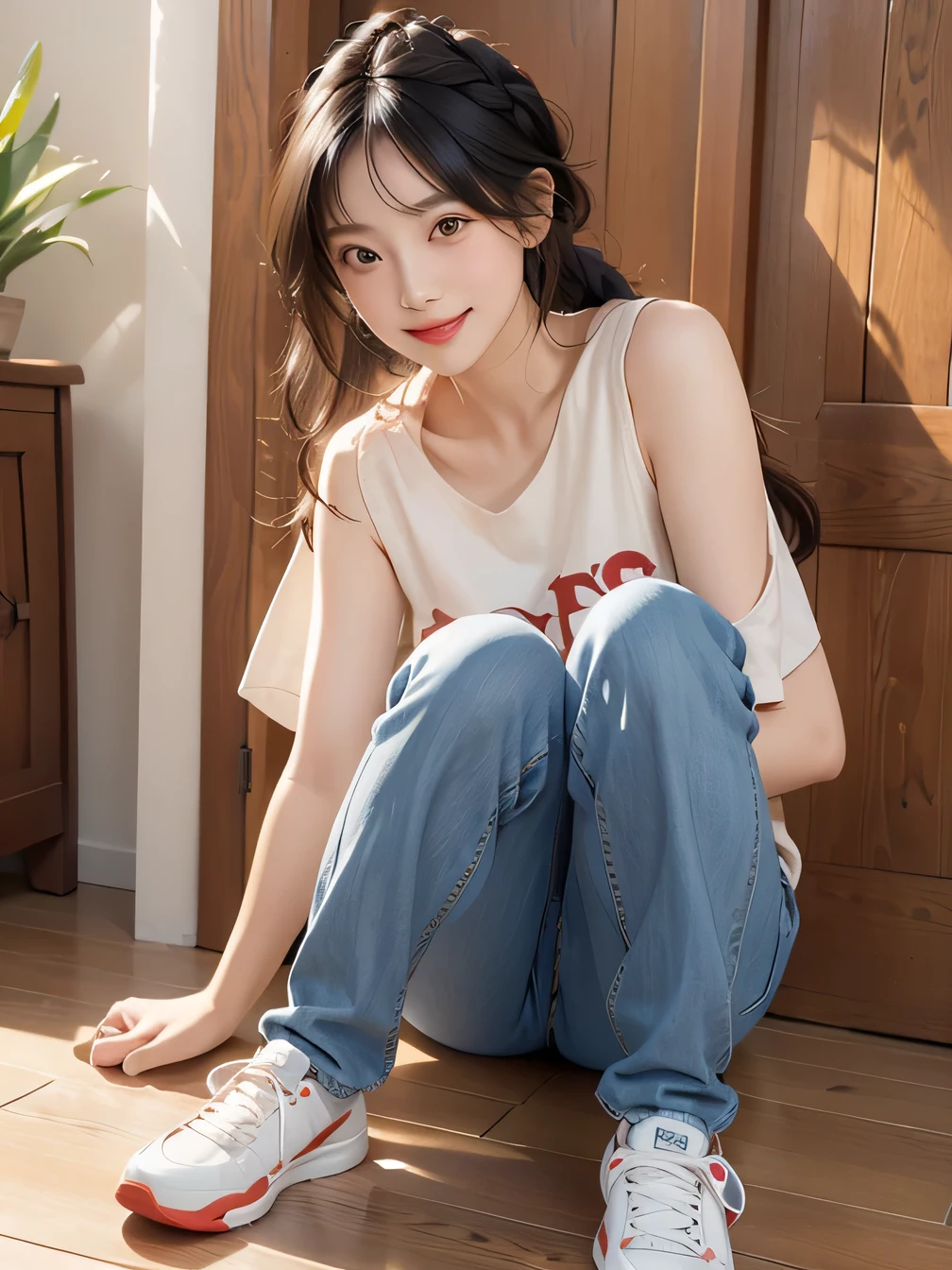 masterpiece:1.3), (8k, Realistic, RAW Photos, highest quality:1.4), (Realistic face), (Black Hair、1 Knitting, Braided hair:1.3), Beautiful Hairstyles, smile、Beautiful teeth alignment、Beautiful small blue eyes, (realistic skin texture), (Beautiful Skin),charm, Ultra-high resolution, Ultra-realistic skin, (Natural light)、Golden Ratio, ((smile)), ((full body shot)), (((Red trainer)))、((Skinny jeans and sneakers))

