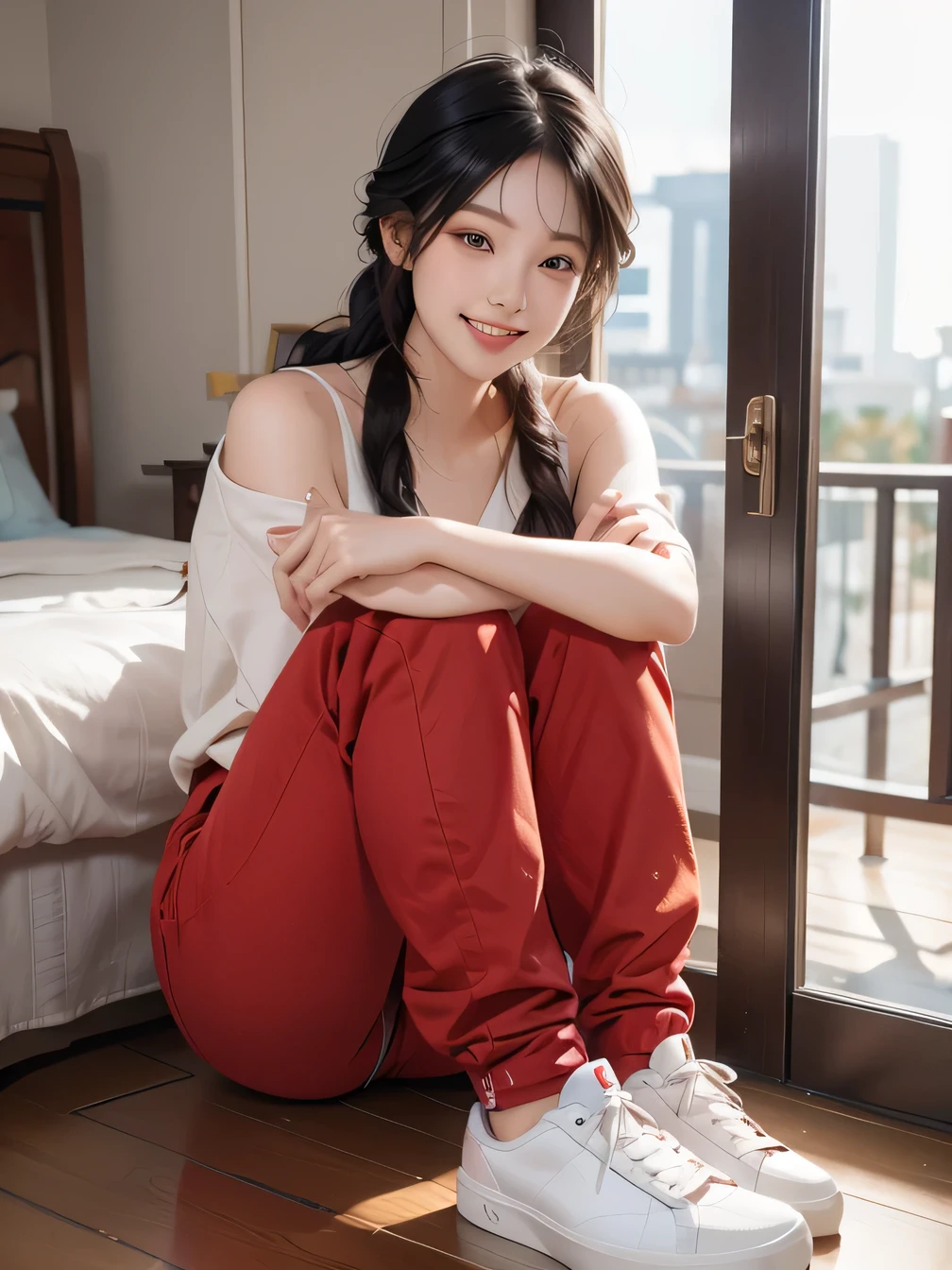 masterpiece:1.3), (8k, Realistic, RAW Photos, highest quality:1.4), (Realistic face), (Black Hair、1 Knitting, Braided hair:1.3), Beautiful Hairstyles, smile、Beautiful teeth alignment、Beautiful small blue eyes, (realistic skin texture), (Beautiful Skin),charm, Ultra-high resolution, Ultra-realistic skin, (Natural light)、Golden Ratio, ((smile)), ((full body shot)), (((Red trainer)))、((Skinny jeans and sneakers))