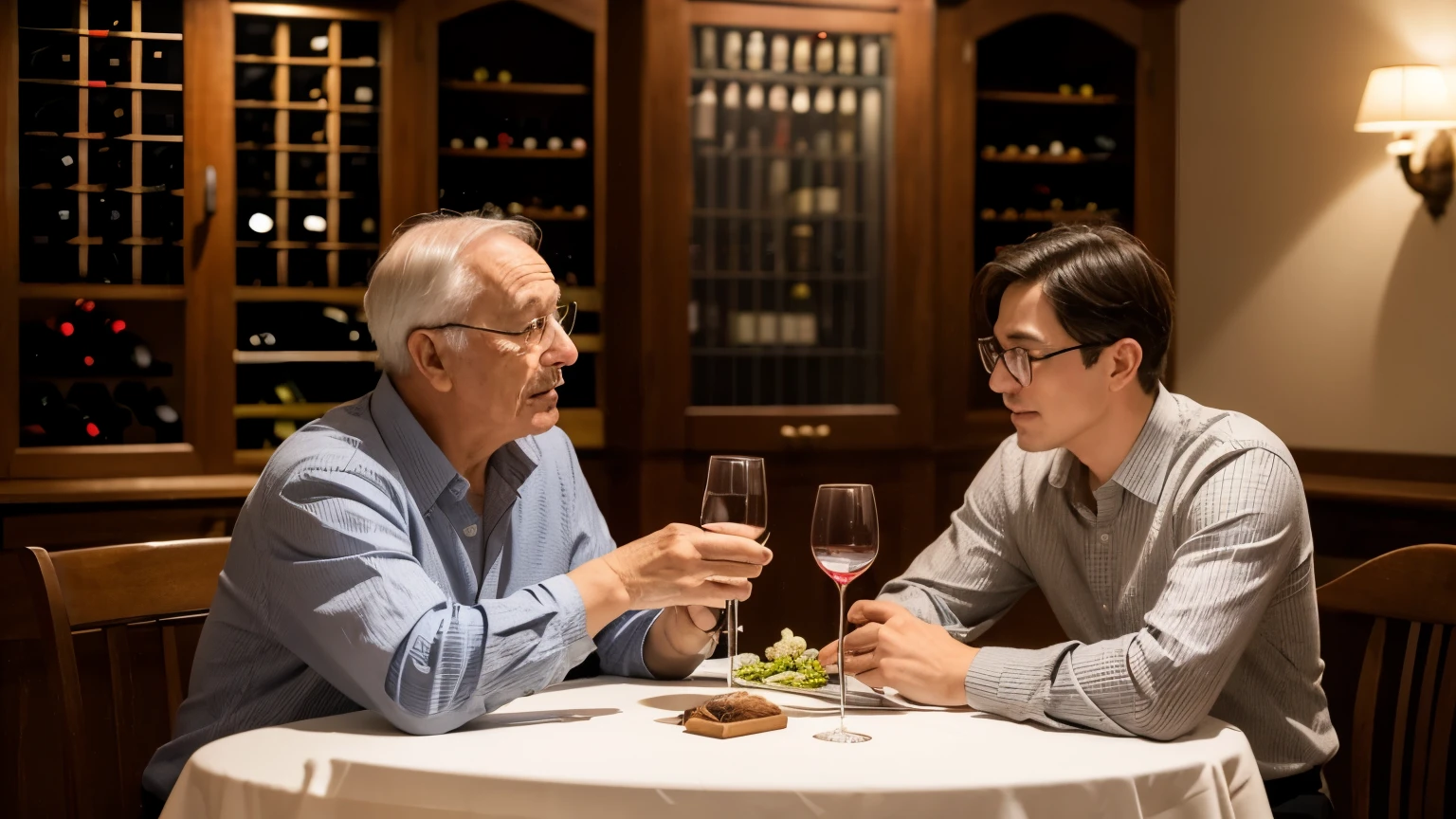 An old father and his son sit face to face and talk at the dining table，The background is the wine cabinet，USA，There are small wine glasses on the table，