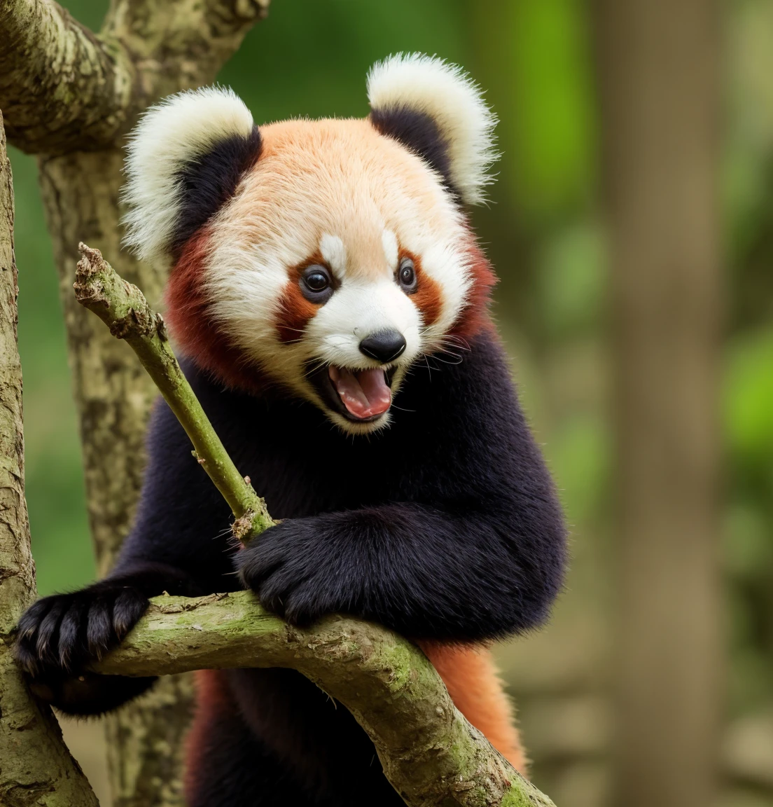 8k, highest quality, Intricate details, Super detailed, Ultra-high resolution, masterpiece, Close-up shot, (whole body: 1.1), round body shape, smile, (compensate: 0.4),The red panda suddenly looked surprised by something.、Standing up on hind legs。The round eyes are wide open、My ears are standing straight up。