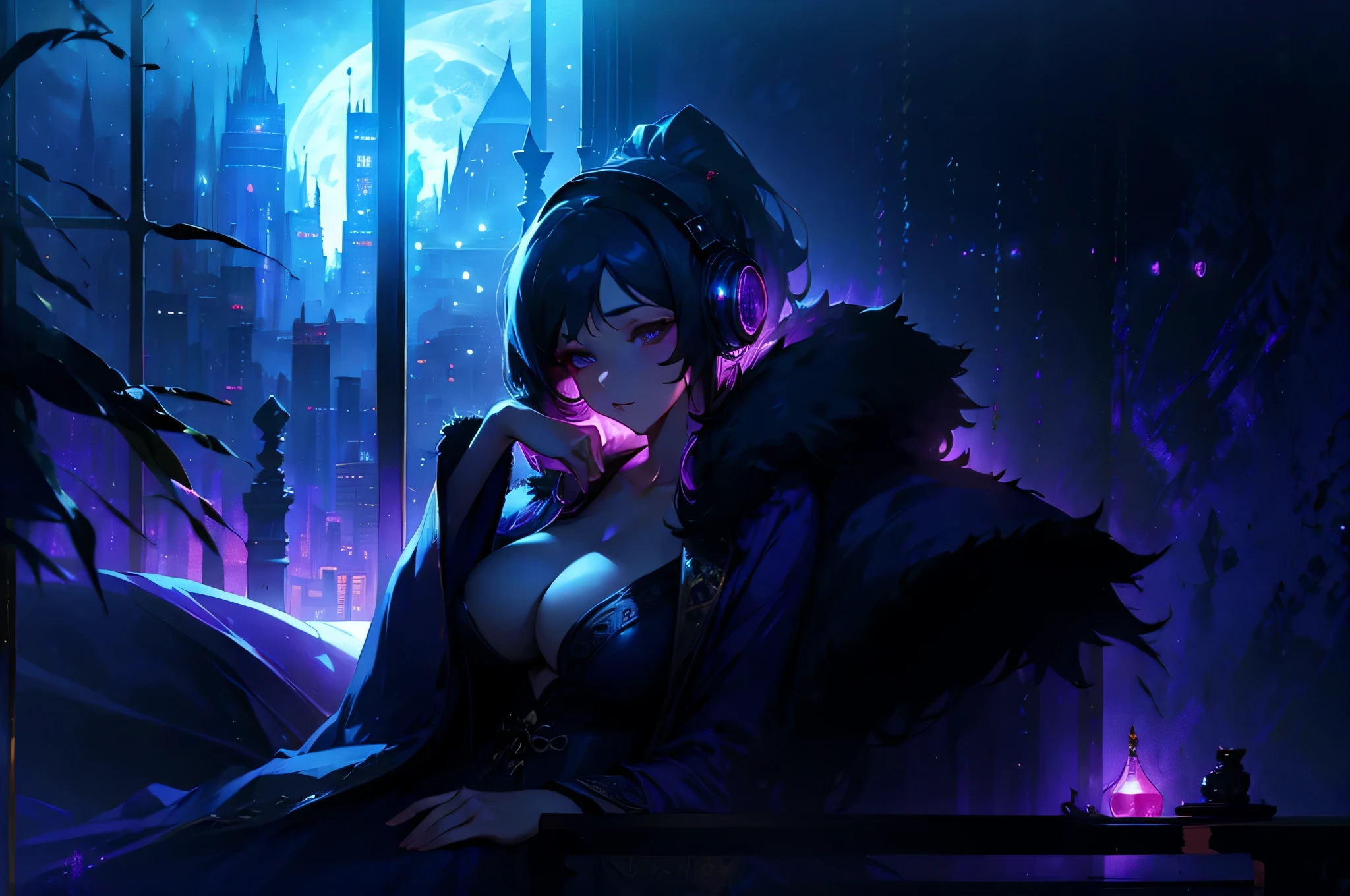 A woman wearing a bathrobe and headphones is lying on the bed、The large window behind offers a beautiful night view.、big breasts、sexy、dimly lit room、moonlight、exposed、Downlight、full moon、Stylish interior、On your back、Ruby Eye