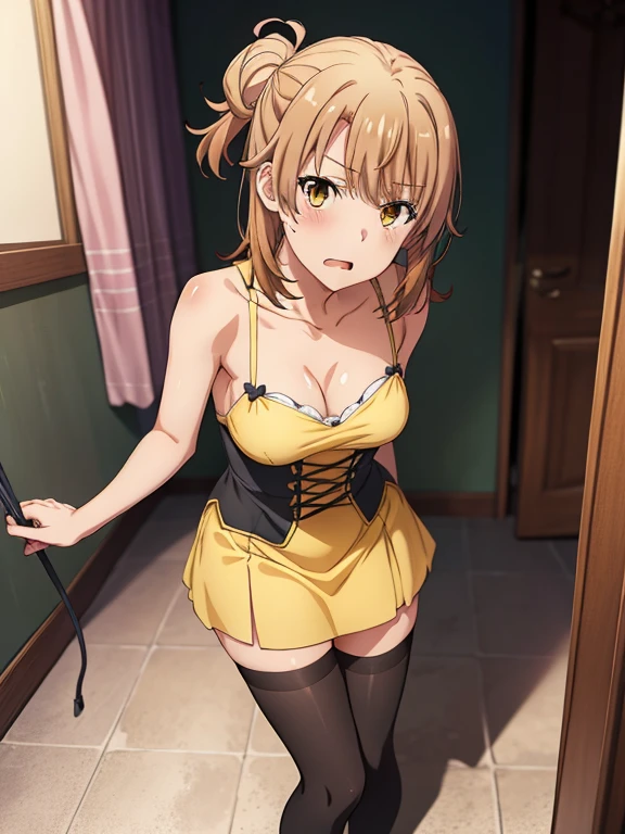 ((masutepiece, Best Quality, hight resolution, nffsw, Perfect Pixel, depth of fields, 4K, )), 1girl in, Solo, , Beautiful anime girl, Beautiful Art Style, 
standing:1.3, bathroom background, Looking at viewer. 
Perfect body, serious face, show teeth, front facing:1.4,

isshiki iroha, medium breasts, Full face blush, black stockings, yellow dress, black platrorm heels,
straight-on:1.3, medium shot