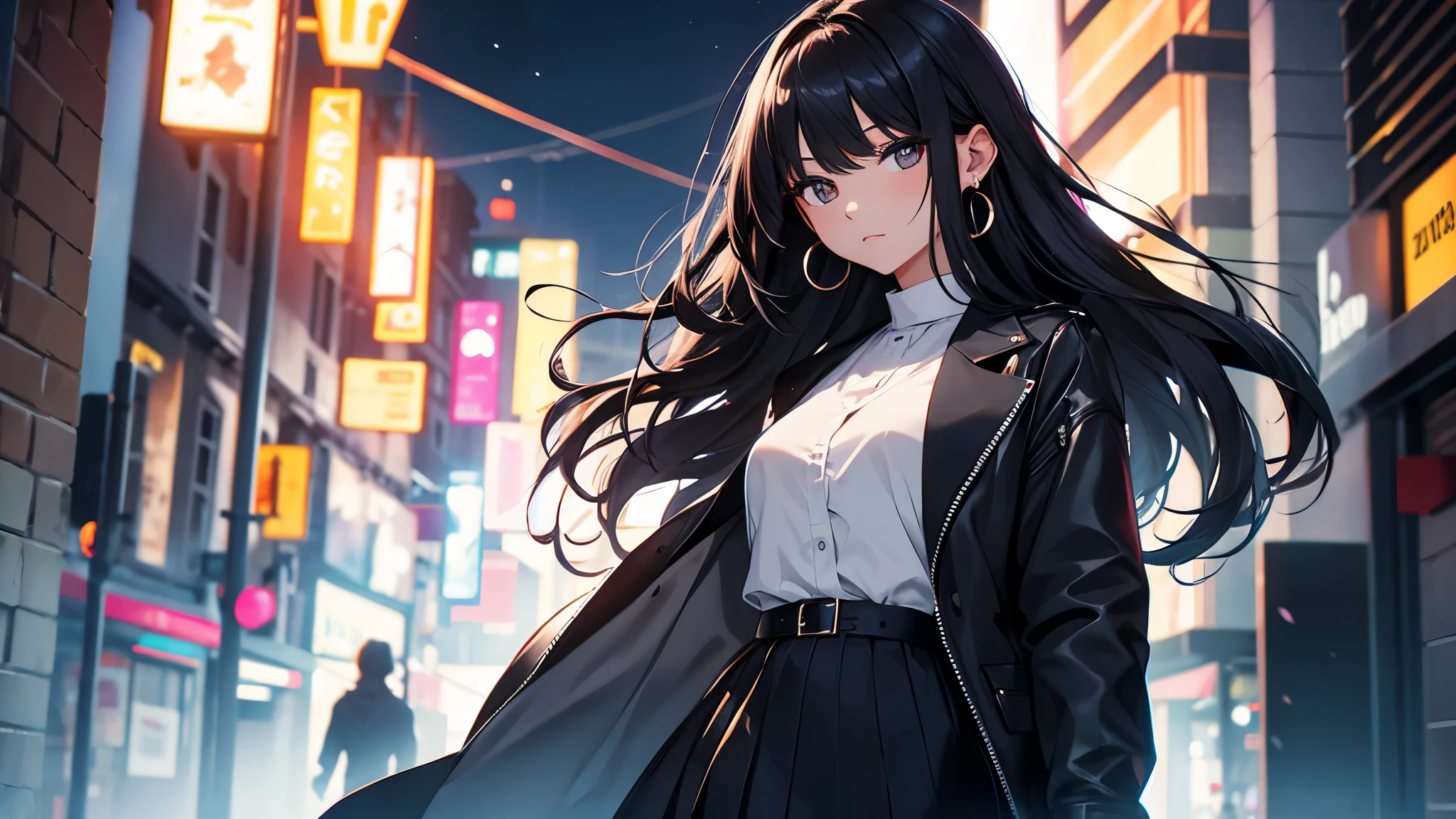 beautiful girl, Expressionless, Long black hair, Fashionable clothes, black short skirt, middle chest,Earrings,Detailed Background,Night view,cool,