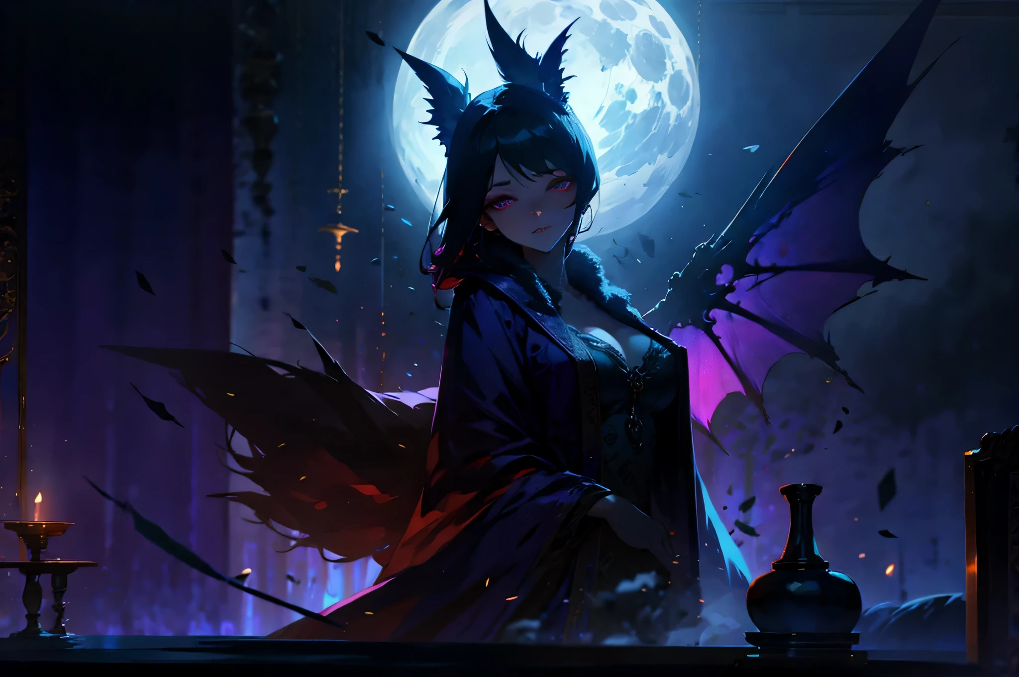 A woman wearing headphones is standing alone、A beautiful night view behind、Big Breasts、sexy、Moonlight、Unbuttoned、Full moon in the middle、it's raining、Beautiful woman looking back、Lonely feeling、whole body、I can see the castle、retro cityscape、Inside the cave、night