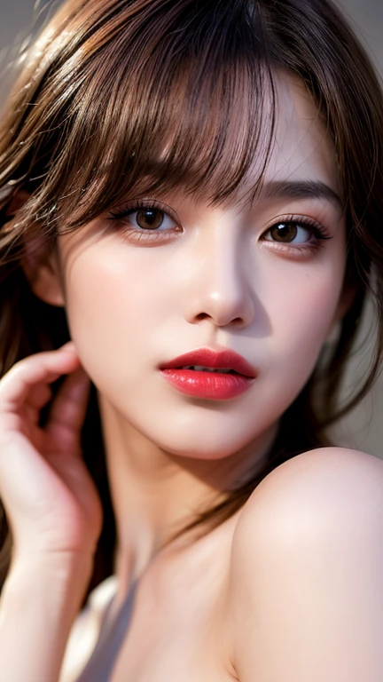 (8ก, Highest quality: 1.2), Extremely detailed, thorough resolution, (realistic, realistic photo: 1.37), Portrait, high definition RAW color photograph, professionally arrested, high definition and beautiful, high definition, 8ก Image wallpaper, Amazing details, Big file size, highly detailed beautiful girl, Extremely detailed face, Finely defined eyes, The skin has a fine texture., Every feature is meticulously displayed., The fingers were neatly outlined., The nose has a precise shape., expressive lips red lipstick , perfect anatomy, background is not blurred, one story, (20:1.2), Twenty generations, cute girl, realistic