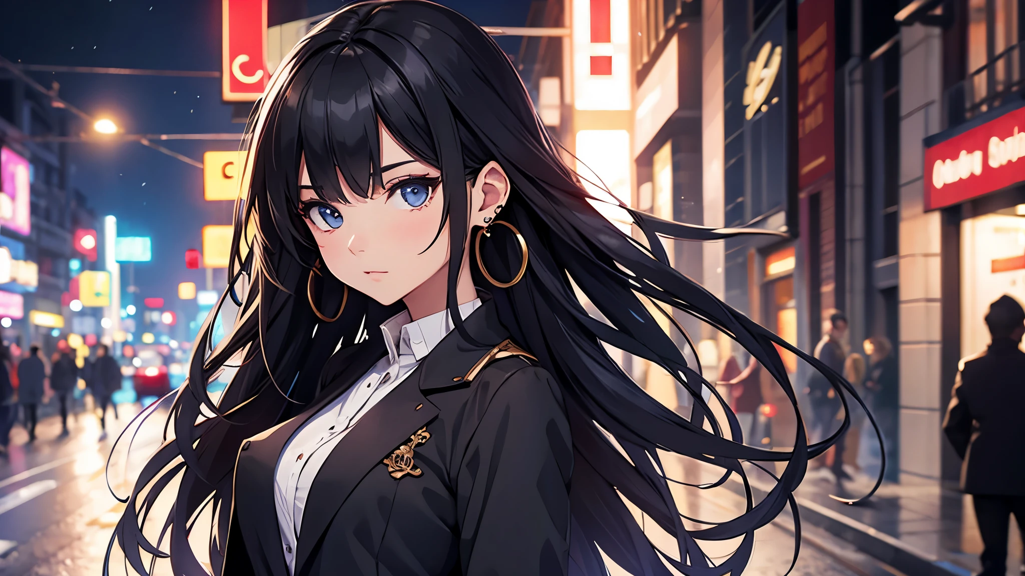 beautiful girl, Expressionless, Long black hair, Fashionable clothes, black short skirt, middle chest,Earrings,Detailed Background,Night view,cool,