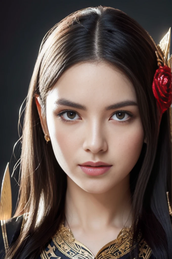 Portrait of a beautiful girl with wavy white hair, Wear a formal black dress with metallic parts, Red Eyes, Letter combination on background, number, Dark, 8k, Intricate details, High quality, 复古future风格, Sharp focus on the center, Soft colors, Art Station, (Science Fiction, future, future theme), (A contemptuous expression appeared on his face), (Detailed description)
