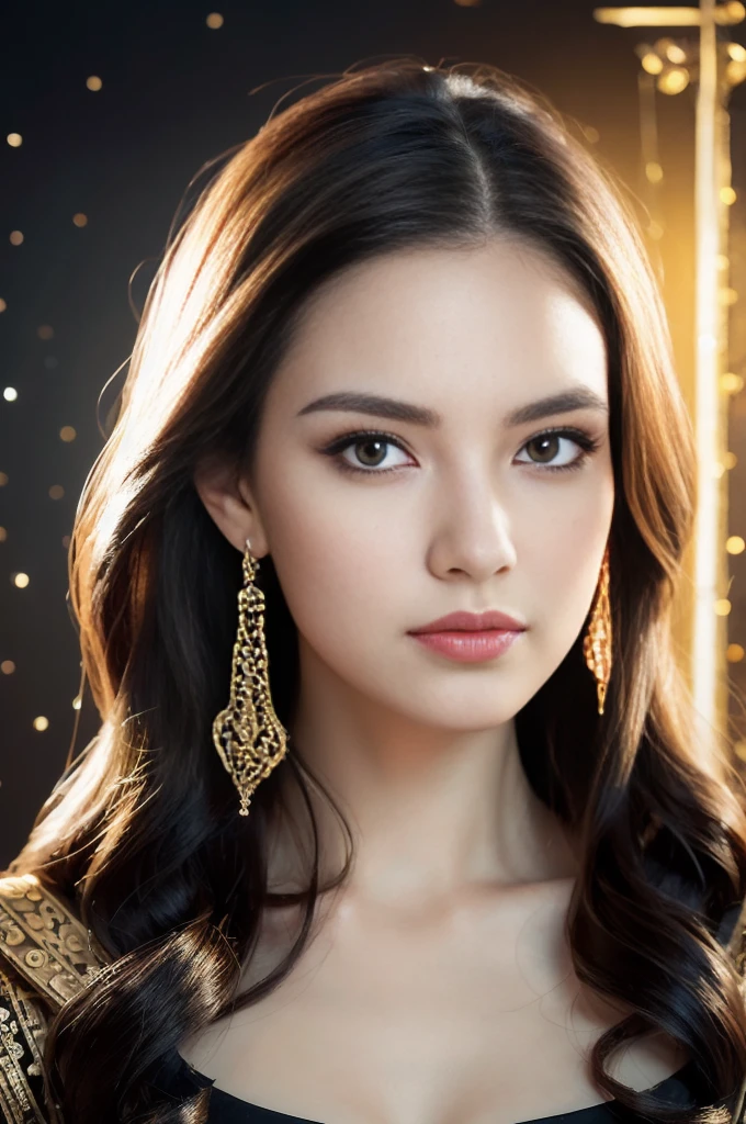 Portrait of a beautiful girl with wavy white hair, Wear a formal black dress with metallic parts, Red Eyes, Letter combination on background, number, Dark, 8k, Intricate details, High quality, 复古future风格, Sharp focus on the center, Soft colors, Art Station, (Science Fiction, future, future theme), (A contemptuous expression appeared on his face), (Detailed description)