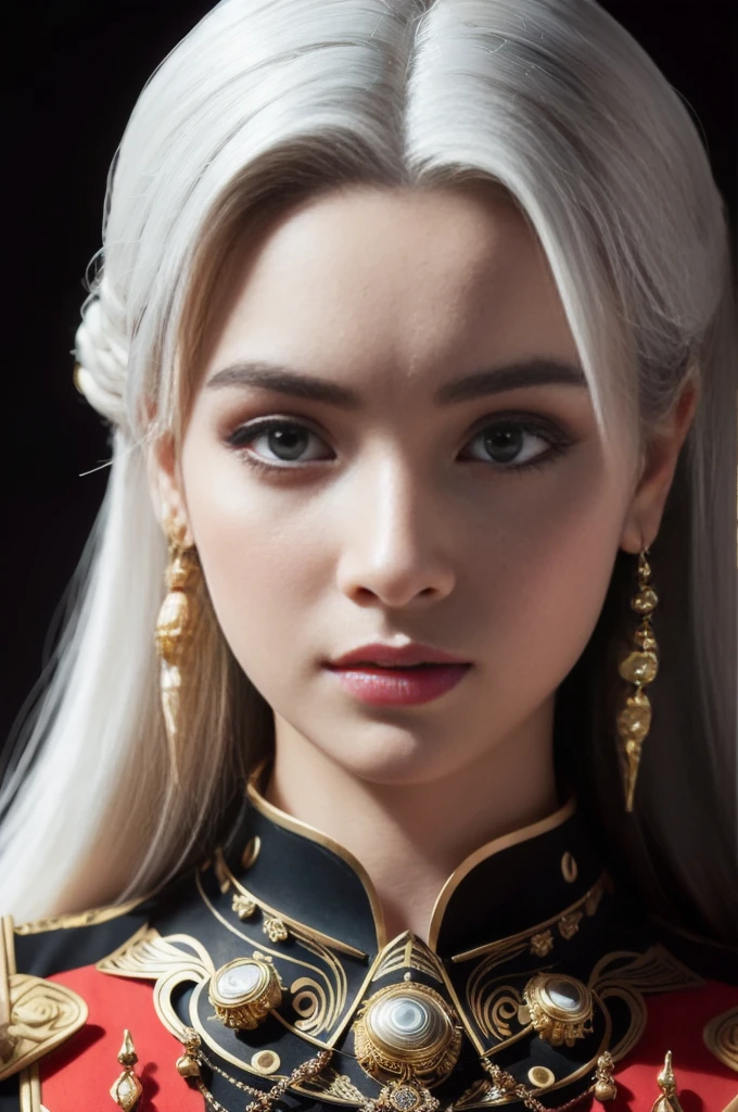 Portrait of a beautiful girl with wavy white hair, Wear a formal black dress with metallic parts, Red Eyes, Letter combination on background, number, Dark, 8k, Intricate details, High quality, 复古future风格, Sharp focus on the center, Soft colors, Art Station, (Science Fiction, future, future theme), (A contemptuous expression appeared on his face), (Detailed description)