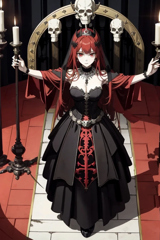 ((highest quality)), ((masterpiece)), (be familiar with), Perfect Face、The Enchanting Body of Celica（FE）、Red hair、The perfect proportions、semi-long、necklace、Bangles、Caster wheel、Circlet、Luxury Accessories、first round、Fallen into evil、、Blank look、Engagement Rings、Hollow Eyes、Ritual of Summoning Demons、Dark Room、Red magic circle on the floor、、Lots of candlesticks and candles、darkness、Black sheets、Devil's Altar、Suspicious rituals、A large number of skull objects、Big magic circle on the floor、Skull Candlestick、Luxury Jewelry、Be baptized by the devil、Skeleton Crown、black large gemstone pendant、empty eyes、Apathy、Expressionless、Black priestly uniform、devil&#39;s priest、believer in demons、dark priest、Black religious clothing、Richly decorated priestly vestments、Black clothes、Black Veil、Devil's Ornaments、Devil&#39;s Accessories、Temple of the Devil、Standing in front of the altar、Open your arms、Big devil statue、Black interior、Pray to the devil statue