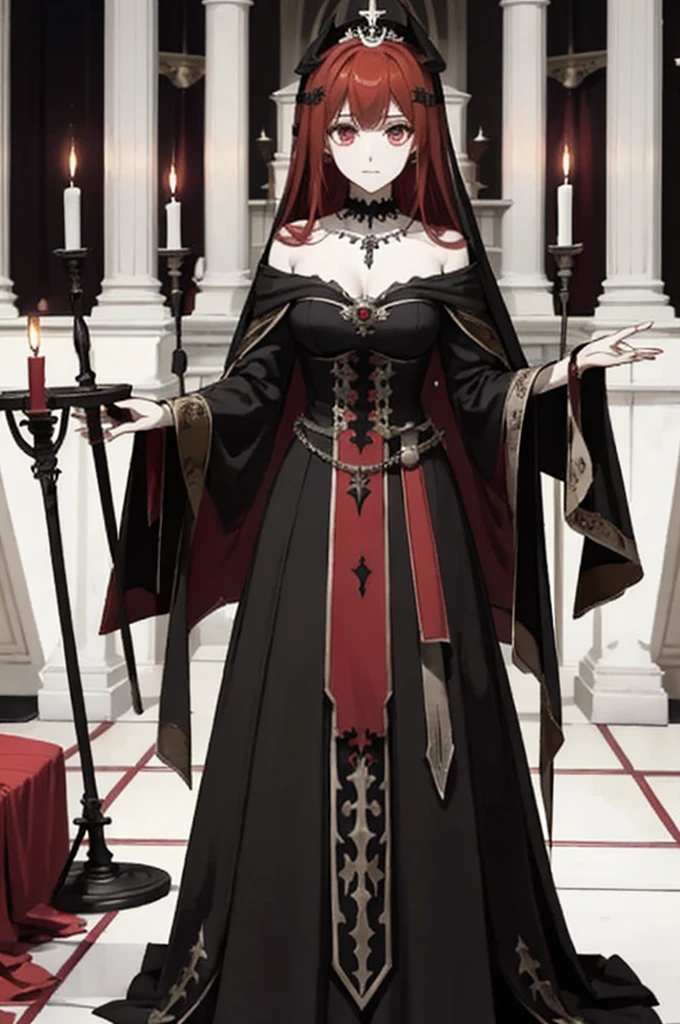 ((highest quality)), ((masterpiece)), (be familiar with), Perfect Face、The Enchanting Body of Celica（FE）、Red hair、The perfect proportions、semi-long、necklace、Bangles、Caster wheel、Circlet、Luxury Accessories、first round、Fallen into evil、、Blank look、Engagement Rings、Hollow Eyes、Ritual of Summoning Demons、Dark Room、Red magic circle on the floor、、Lots of candlesticks and candles、darkness、Black sheets、Devil's Altar、Suspicious rituals、A large number of skull objects、Big magic circle on the floor、Skull Candlestick、Luxury Jewelry、Be baptized by the devil、Skeleton Crown、black large gemstone pendant、empty eyes、Apathy、Expressionless、Black priestly uniform、devil&#39;s priest、believer in demons、dark priest、Black religious clothing、Richly decorated priestly vestments、Black clothes、Black Veil、Devil's Ornaments、Devil&#39;s Accessories、Temple of the Devil、Standing in front of the altar、Open your arms、Big devil statue、Black interior、Pray to the devil statue