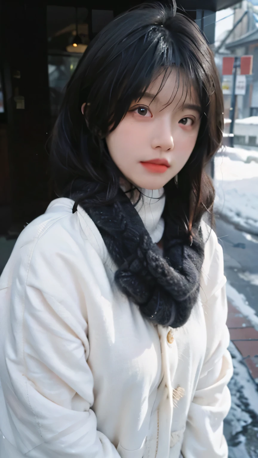 detailed wallpaper like oil painting of loli girl wearing white sweater and red scarf , eyes with elegant eyelashes, glowing skin, by ilya kuvshinov and alphonse mucha, soft focus, strong rim light, blue coat, mountain village, snow ,snow particles, intense shadows, golden hour, by Canon EOS SIGMA Art Lens.