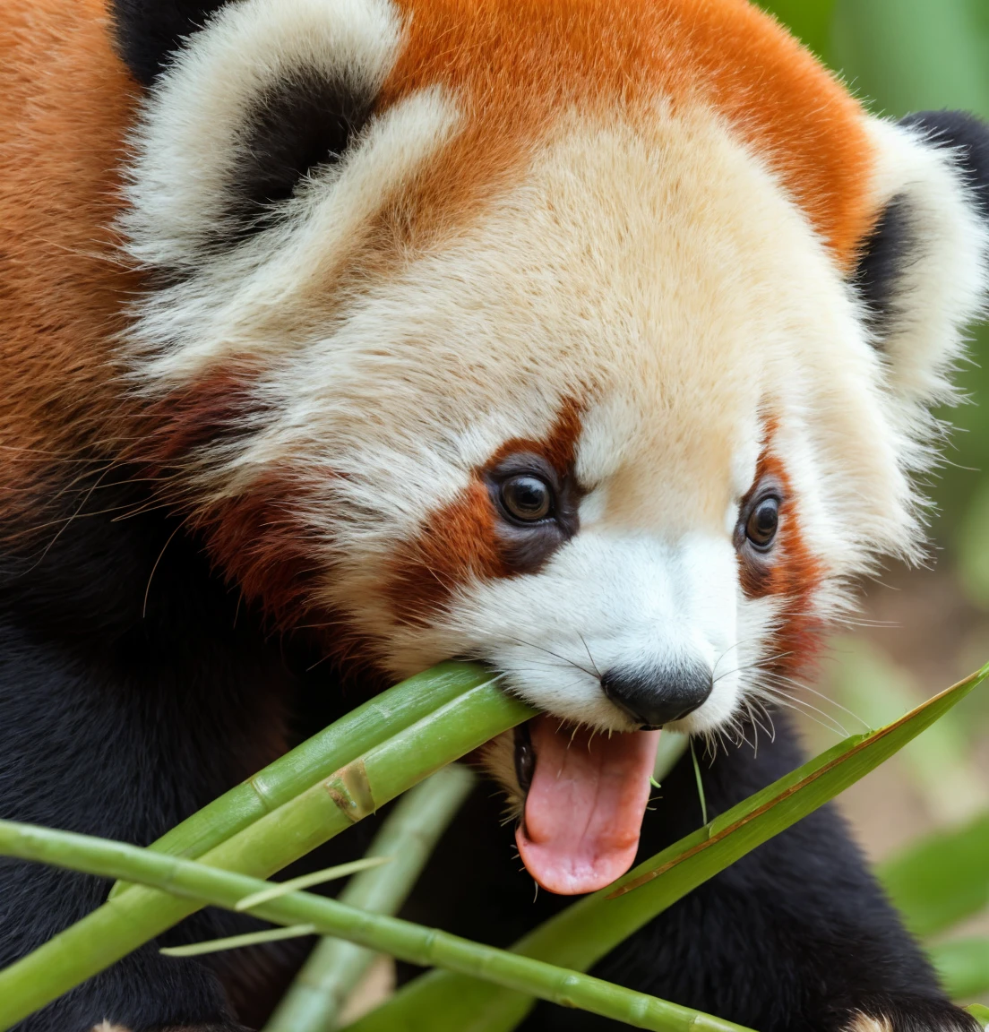 8k, highest quality, Intricate details, Super detailed, Ultra-high resolution, masterpiece, Close-up shot, (whole body: 1.1), round body shape, smile, (compensate: 0.4),A red panda is shown eating a bamboo leaf that is held tightly in its front paws.。There are some green leaves around the mouth.、He is eating with satisfaction.。