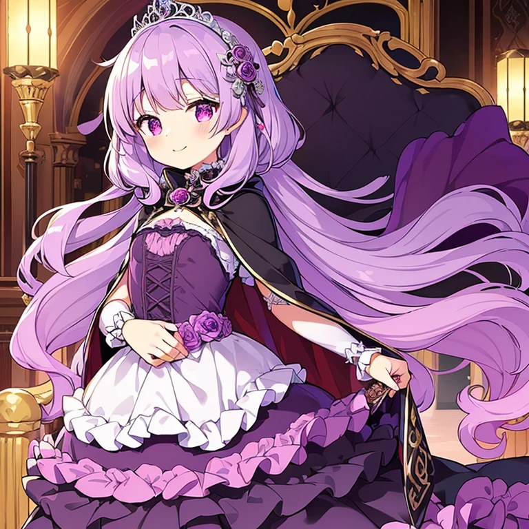 (kawaii),(best quality),(ultra detailed), upper body,(rococo style),(long train dark violet cape:1.15), very long cape,(long train dark violet ball gown with flower decorations), a girl is wearing a cape over her gown, 1 princess, tiara, smile, small breasts, very long hair