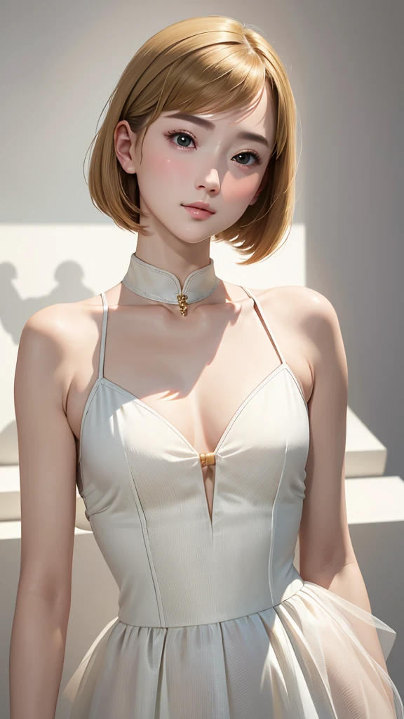 anatomy、Realistic depiction of the human body、A woman、１６talent、very cute face、baby face、beige hair、Unique Short Bob、Small Breasts、clear translucent skin、Immersive depiction、return々New Expression、realism、upper body angle、Focus on the face、White elegant dress、Blurred background、best quality、Ultra-high resolution、Best image quality、masterpiece、The art of math、digital portrait、Perfect lighting、Professional photographer