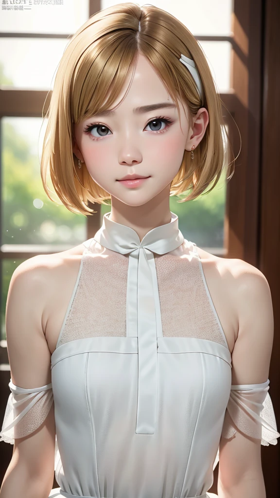 anatomy、Realistic depiction of the human body、A woman、１６talent、very cute face、baby face、beige hair、Unique Short Bob、Small Breasts、clear translucent skin、Immersive depiction、return々New Expression、realism、upper body angle、Focus on the face、White elegant dress、Blurred background、best quality、Ultra-high resolution、Best image quality、masterpiece、The art of math、digital portrait、Perfect lighting、Professional photographer