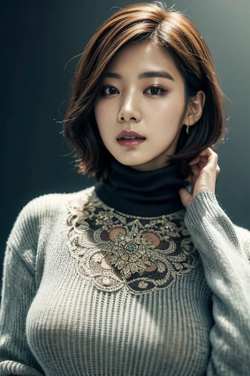 a K-pop idol wearing a turtle neck sweater,
(((masterpiece))), ((best quality)), ((intricate detailed)), ((Hyperrealistic)), absurd res, milf, mature woman, perspective, highly detailed, illustration, 1girl, ((large breasts)), perfect hands, detailed fingers, beautiful detailed eyes, short hair, brown eyes,(turtle neck:1.2), tight skirt, detailed background, choker, perfect eyes, seductive eyes, looking at the viewer, from front