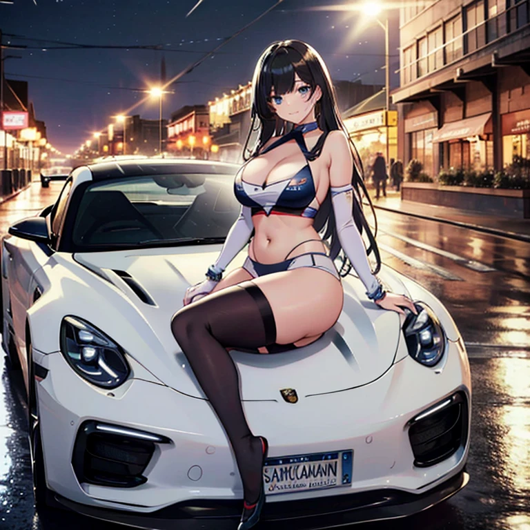 16k, High resolution, Ray Tracing, RTTX 10.0, Ultra-realistic, High resolution, Wide-angle shot, highest quality, masterpiece, Full body image, (perfection anatomy ), Long black hair, Happy laughter, blue eyes, Sexy Body, Looking at the camera, at night, Anime Style, Trending on ArtStation, WLOP, sakimichan, Awards, Great composition, perfection, great lighting, sitting on the hood of a porsche 911, 1 set, Car Girl, racing girl、Camel Toe、Giant tit、Nipple Puffs、Cleavage、Plump、Super big breasts、Super big butt