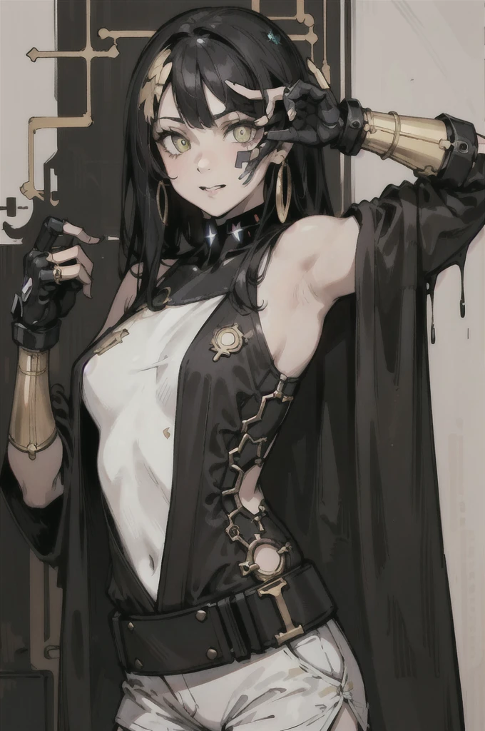(High resolution), (Ultra delicate), (clear), Realistic,((A girl with black hair and gold inner color)).((cyber punk)),face,Skin realism、A fusion of Japanese style and the near future、white hot pants、Black pupil