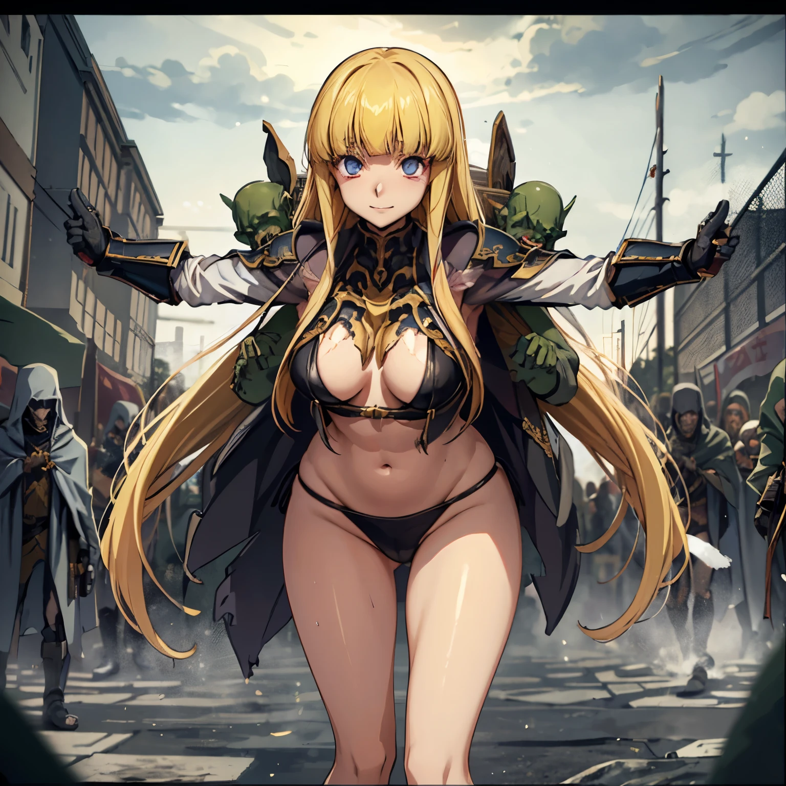 masterpiece, goblinriding, a goblin is riding a girl, goblin, mutiple goblins, goblins, (all fours), 1girl, (military uniform:1.1), (nose hook), reins, collar, chain, rope, obey, happy trance, smile, hair ornaments, medium breast, expressionless, emotionless, blank eyes, empty eyes, mind control, Monica Krushevski, BLONDE hair, blue eyes, long hair, apocalyptic background, multiple girls, multiple boys, battle, crowd, blood splatter, armor, fleeing, grabbing, running, foreshortening, attack, fighting, torn clothes