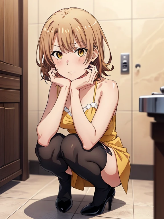 ((masutepiece, Best Quality, hight resolution, nffsw, Perfect Pixel, depth of fields, 4K, )), 1girl in, Solo, , Beautiful anime girl, Beautiful Art Style, 
squatting:1.3, bathroom background, Looking at viewer. 
Perfect body, serious face, show teeth, front facing:1.4,

isshiki iroha, medium breasts, Full face blush, black stockings, yellow dress, black platrorm heels,
straight-on:1.3, medium shot