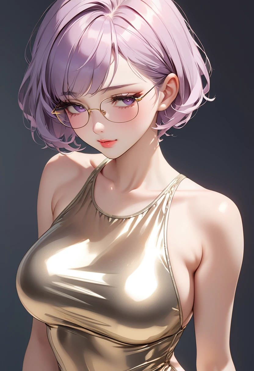 (masterpiece, best quality:1.2),,1 girl, solitary,Exquisite hair color，short hair，( Wearing a transparent gold high-cut swimsuit:1.2),glowing skin，black skin，wear glasses（（（Shy expression）））blush，Pastel tones，超Large Breasts,Large Breasts，larger breasts，Large Breasts, Breasts very，Pink lips 