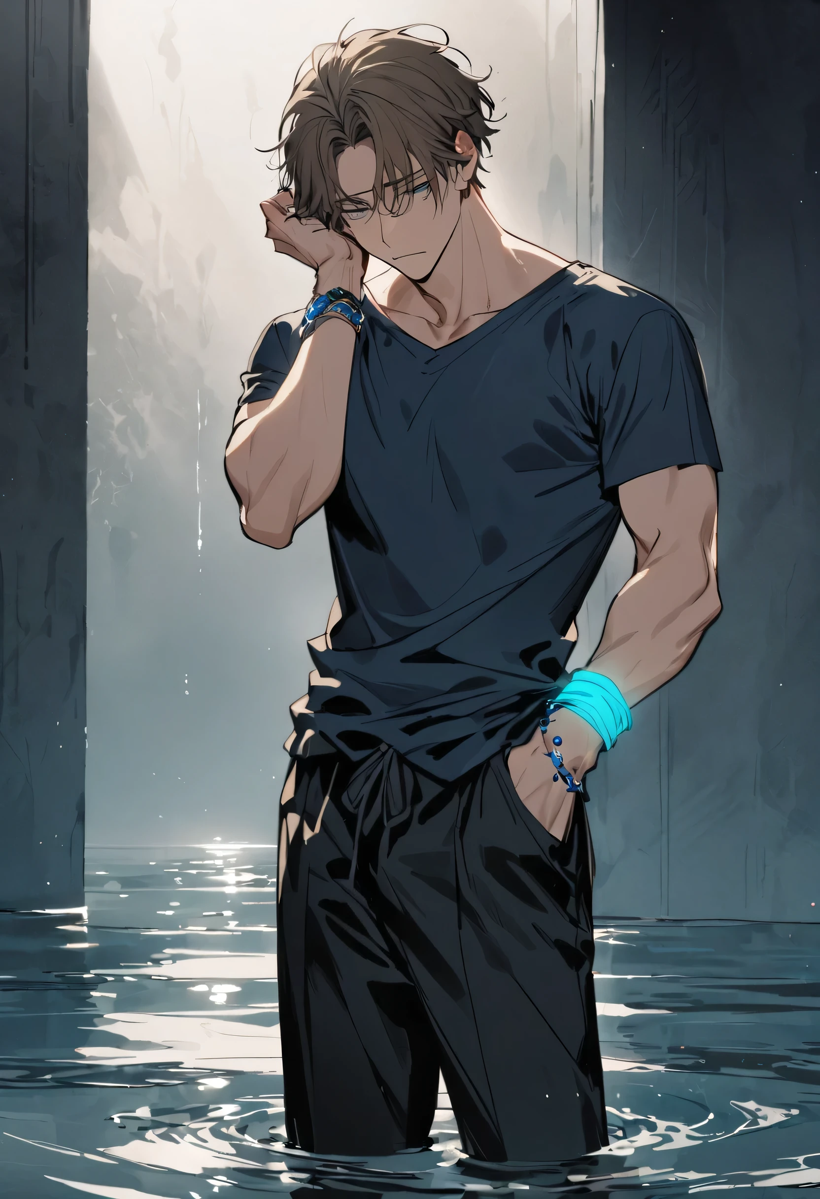 Excellent, masterpiece, a very slightly muscular young man in his late twenties, he has brown grayish hair, he has short hair, his hair falls down in a messy yet clean way, his bangs cover parts of of his eyes, his eyes are a bright green, he looks to be sad but tries to keep it to himself, he wears a dark blue shirt, he wears black pants, he wears a bright blue bracelet in the color of the ocean on his right wrist, he wears countless rings on his fingers, he is standing in ankle high water and looks lost in thoughts
