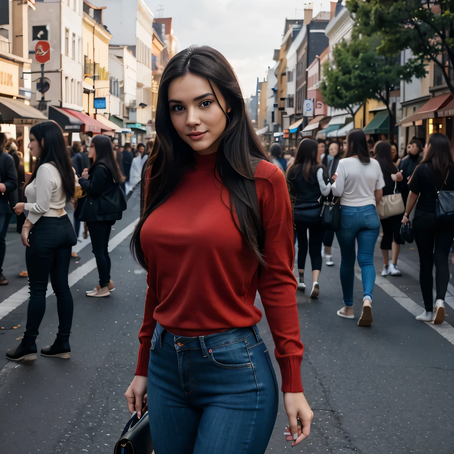 Best quality, high resolution, ultra detailed: 1.2), HDR, vivid colors, beautiful brunette girl with long black hair, sexy, on a large avenue, posing, hands in hair, animated atmosphere, stunning view, tight clothing , red jeans, black t-shirt, modern tights, modern dress, colorful summer clothes, sweater, cheerful expression, long loose hair, bustling crowd, detailed face, blue eyes, carefree moments. Super detailed, high quality