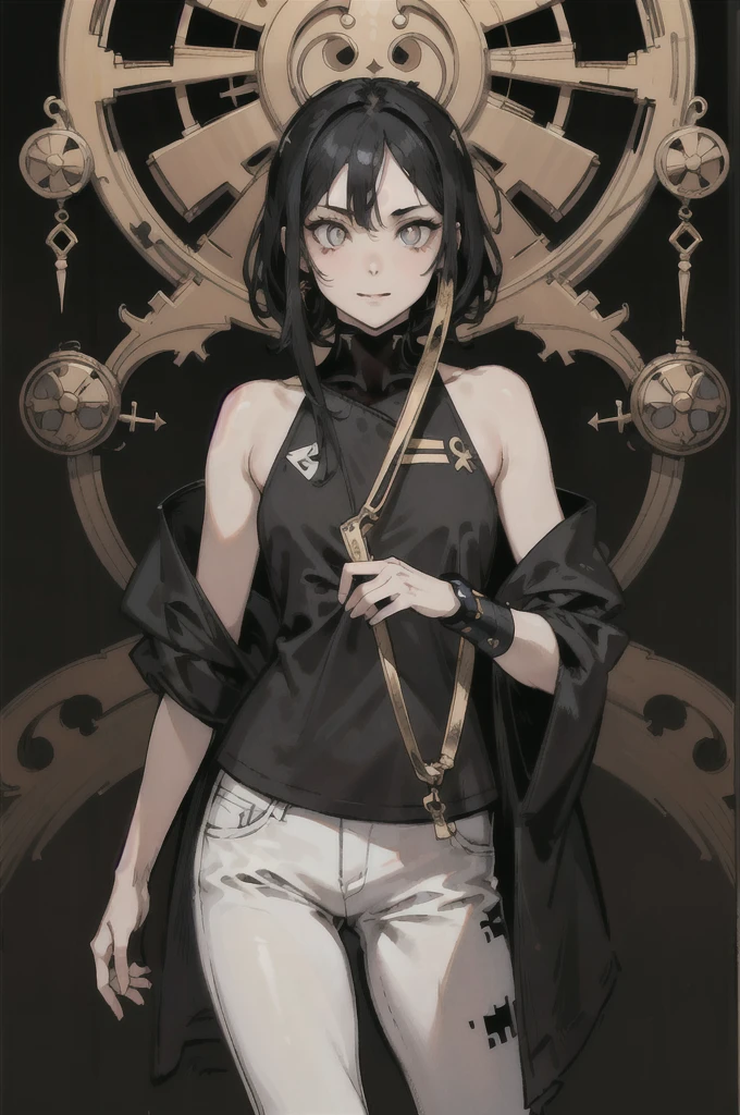 (High resolution), (Ultra delicate), (clear), Realistic,((A girl with black hair and gold inner color)).((cyber punk)),face,Skin realism、A fusion of Japanese style and the near future、white hot pants、Black pupil、Face Up