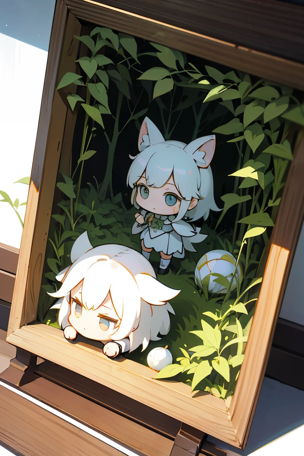()Please express the contents inside as a chibi girl.(Paper cutting art、forest、ball)