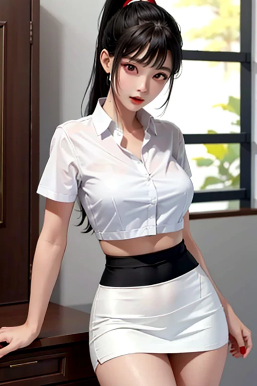 wax statue of a pretty female agent, prettiest facial features, making an elegant gesture, FBMP model pose, barefoot standing on a display base in a dark art gallery as a decoration object, (masterpiece, best quality, 1girl, solo, intricate details, chromatic aberration), (realistic),(skin), ((breath)),(dark hair,blunt bangs),detailed hair, red head ornament, blue highlights, hair over one eye,purple eyes, earrings, sharp eyes, choker,((white shirt short sleeve)),((black pencil short skirt)),((symmetry eyes)),((perfect symmetrical body)),(pureerosface_v1:0.3), night,(((natural light))),backlighting,against grey wall, dim lighting, ((centered shot, from front,(face and waist))),