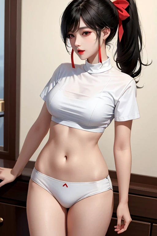 Beautiful girl, 18 years old, White shirt, slim, small, Black skirt, small, very short., big breasts, Big hips, Beautiful face, Asian girl, ponytail black, red eyes, Show white panties, Show Breasts, put on makeup, red mouth,