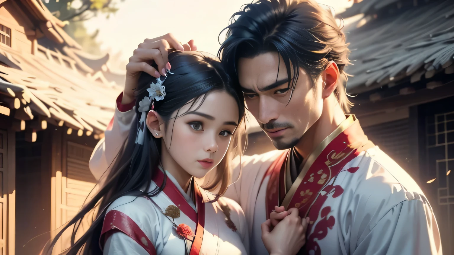 Next to a thatched house，father and daughter，say，Hanfu，Long hair，A 3-year-old girl with a round face wearing a pink Hanfu，(A man in white clothes puts his hand on the girl&#39;s head:1.4)