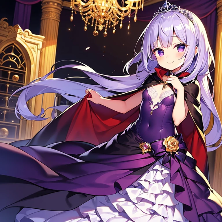 (kawaii),(best quality),(ultra detailed), upper body,(rococo style),(long train dark violet cape:1.15), very long cape,(long train dark violet ball gown with flower decorations), a girl is wearing a cape over her gown, 1 little princess, tiara, smile, small breasts, very long hair
