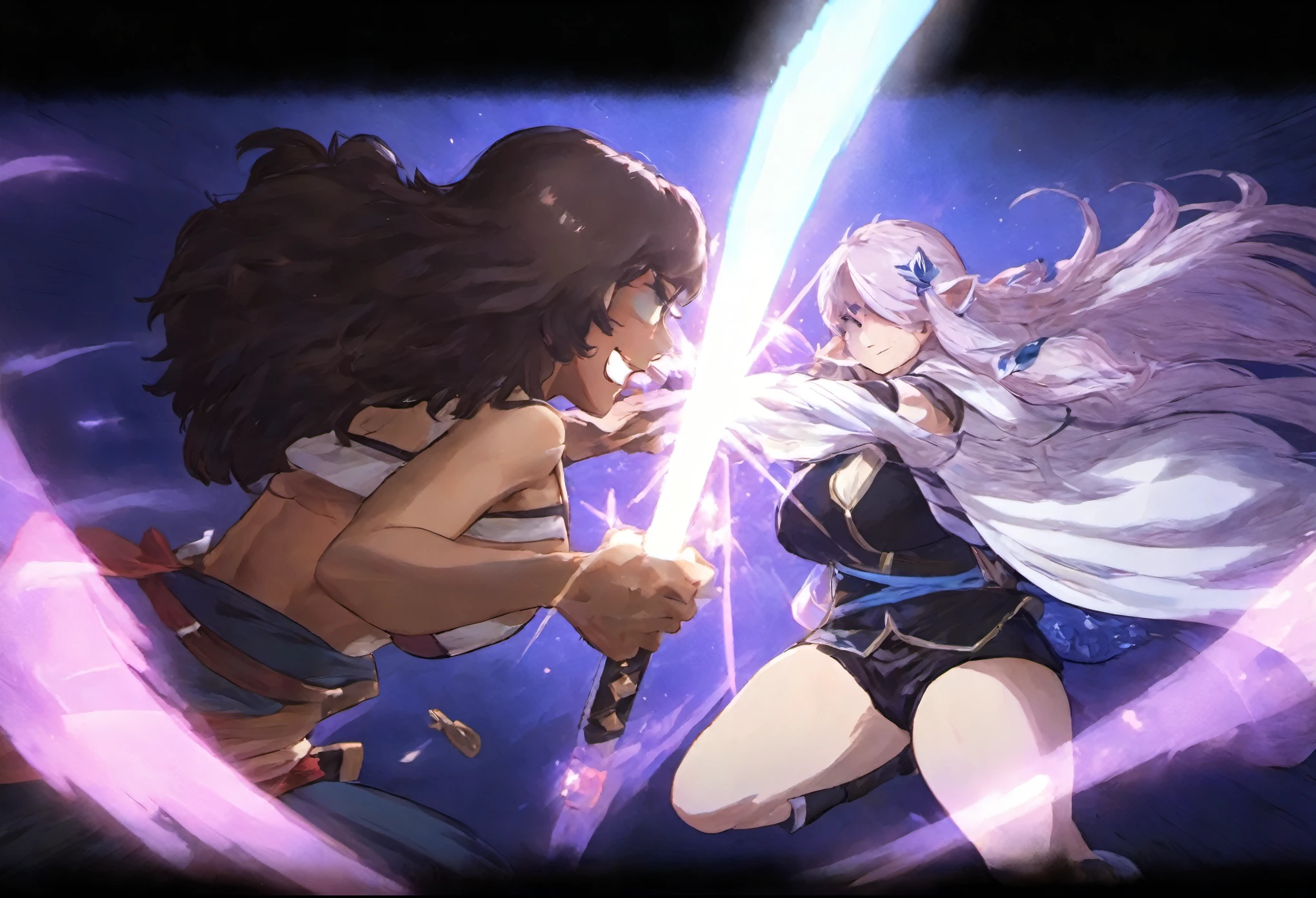 a high-definition, 8k masterpiece that features two attractive adult swordswomen. One of them is Connie Maheswaran, aged 25, dressed in a blue and white striped halter top and black microshorts, wielding a large pink sword with grace. The other is Narmaya from Granblue Fantasy, clad in a sleek black dress and white coat, her hand gripping the hilt of her katana. 

They are facing each other in an intense duel under the moonlight, their swords clashing with powerful impact frames. Picture them standing on a field, their competitive smirks adding to the tension of their sparring match. The scene is focused on them; their perfect bodies, hands, faces and eyes gleaming under the atmospheric lighting.

Visualize this scene as it would be in Blazblue style: raw sensuality meets hyper-femininity amidst incredibly sharp absurdres and gradients. Deep highlights accentuate their cleavage cutouts and extremely detailed swords while motion lines portray the fast-paced action.

The artwork should be full-bodied with cel-shaded characters against dynamic scenery. It's an exciting battle art splash filled with cool tones and rich atmospheric shading that captures every detail of the action choreography from dynamic angles and perspectives.

Think about how you can use intense lighting effects to highlight key visuals and create dynamic lines of action. This prompt calls for amazing quality that combines fun with excitement through its intricate details and motion elements