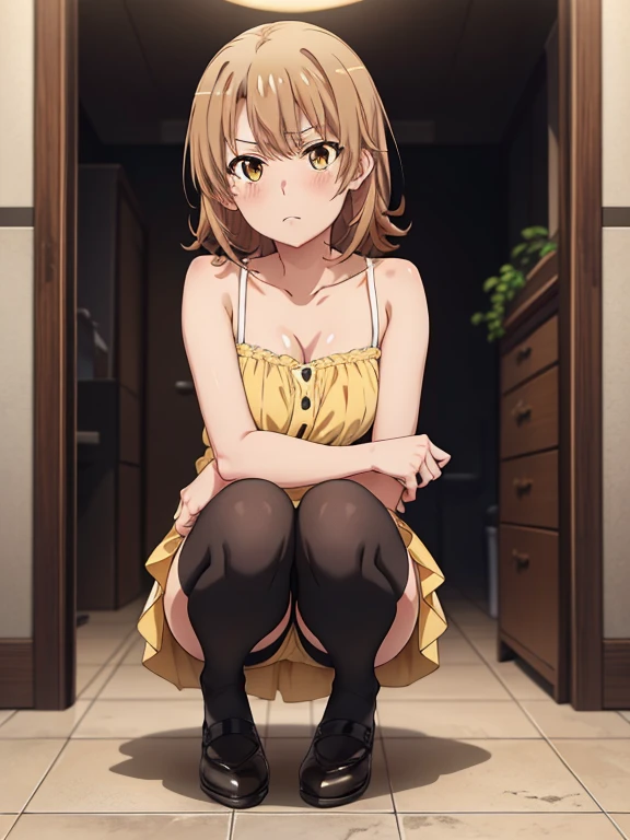 ((masutepiece, Best Quality, hight resolution, nffsw, Perfect Pixel, depth of fields, 4K, )), 1girl in, Solo, , Beautiful anime girl, Beautiful Art Style,
squatting:1.3, bathroom background, Looking at viewer.
Perfect body, serious face, show teeth, front facing:1.4, bare feets:1.2,
isshiki iroha, medium , Full face blush, black stockings, yellow dress,
straight-on:1.3, medium shot