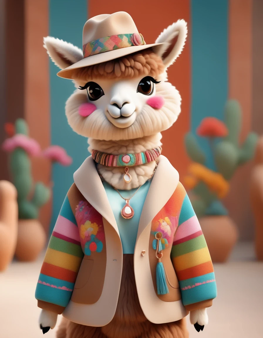 in style of Patchwork , portrait,(Cute alpaca fashion show), Alpaca is anthropomorphized with makeup,whole body,Fashion trends for summer 2024,Khaki,milky,Charming Alpaca,Enchanting Alpaca,Walking on a catwalk,Dynamic poses,Cool,Cute big eyes,necklace,hat,Fashion,Cartoon,iin style of Terracotta artwork , portrait,background:Fashion show catwalks