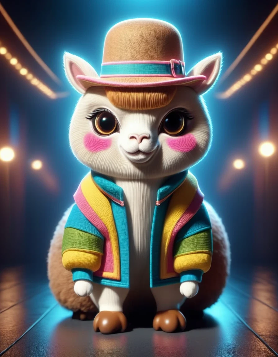 in style of Patchwork , portrait，（Cute alpaca fashion show）， Alpaca is anthropomorphized with makeup，whole body，Fashion trends for summer 2024，Khaki，milky，Charming Alpaca，Enchanting Alpaca，Walking on a catwalk，Dynamic poses，Cool，Cute big eyes，necklace，hat，Fashion，Cartoon，iin style of Terracotta artwork , portrait，background：Fashion show catwalks
