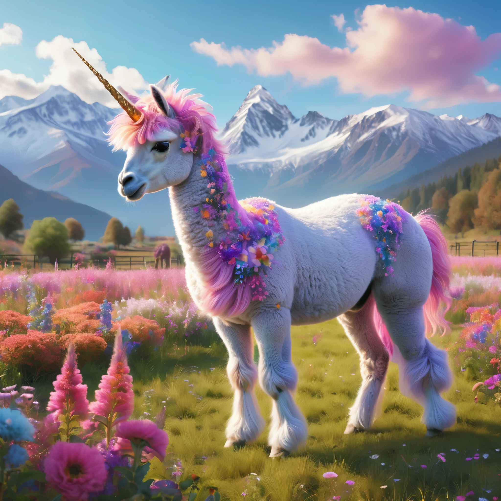 (best quality,4k,8k,highres,masterpiece:1.2),ultra-detailed,(realistic,photorealistic,photo-realistic:1.37), colorful, vibrant, majestic unicorn Alpaca, with a long, flowing, pastel-colored mane and a shimmering, iridescent horn. The unicorn Alpaca is peacefully grazing in a field bursting with vibrant flowers of various colors. The field is bathed in warm sunlight, casting a soft glow on the surroundings. The flowers sway gently in the breeze, creating a dreamy and magical atmosphere. Pink, purple, and blue hues dominate the scene, creating a whimsical and enchanting ambiance. The unicorn Alpaca stands tall and proud, its eyes sparkling with mystery and grace. The flowers beneath its feet seem to come alive, radiating bursts of color as the unicorn Alpaca grazes. Surrounding the field are majestic mountains, their peaks reaching towards the clear blue sky. The mountains serve as a breathtaking backdrop, emphasizing the unicorn Alpaca's magical presence. The entire painting exudes a sense of wonder, capturing the beauty and elegance of this magical creature.
