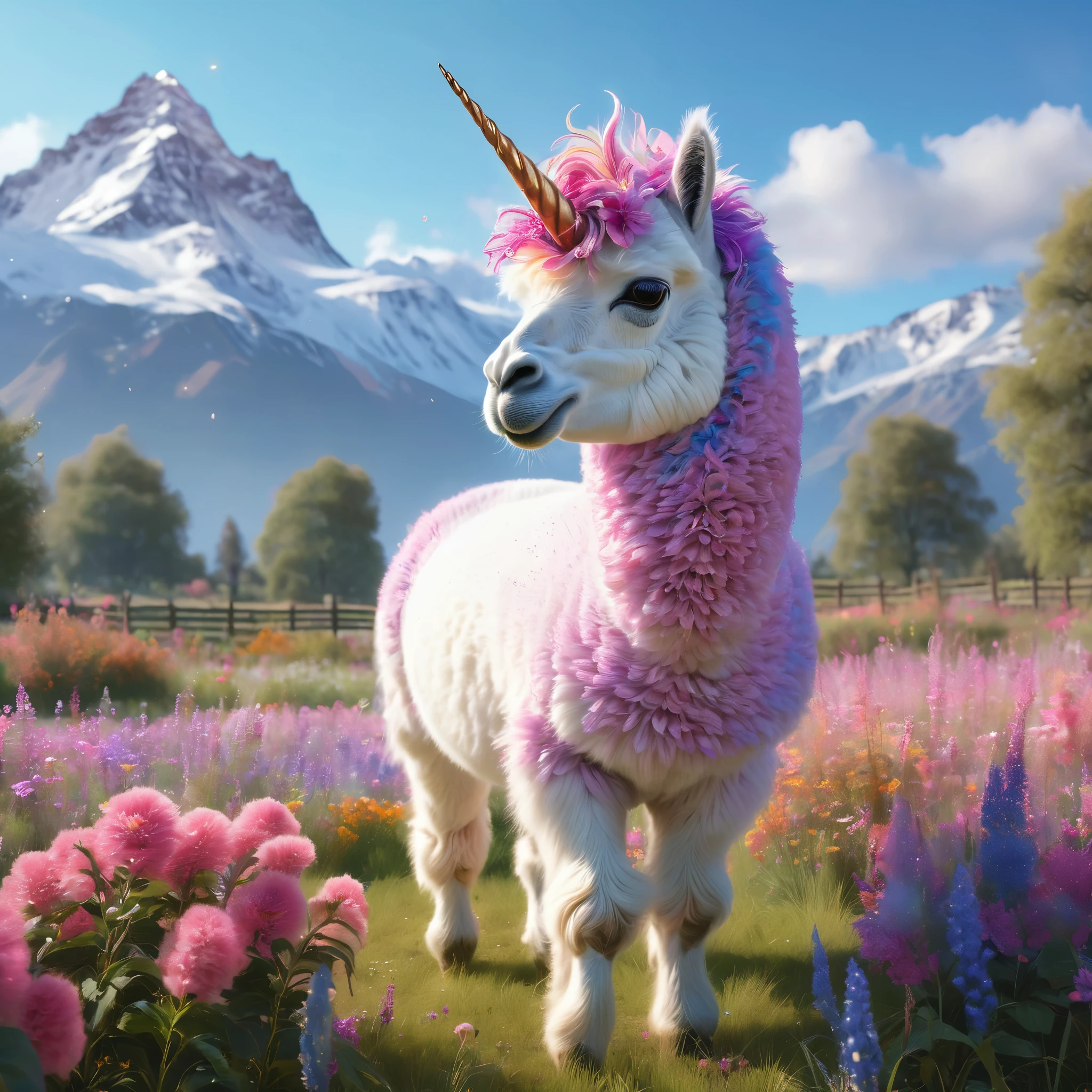(best quality,4k,8k,highres,masterpiece:1.2),ultra-detailed,(realistic,photorealistic,photo-realistic:1.37), colorful, vibrant, majestic unicorn Alpaca, with a long, flowing, pastel-colored mane and a shimmering, iridescent horn. The unicorn Alpaca is peacefully grazing in a field bursting with vibrant flowers of various colors. The field is bathed in warm sunlight, casting a soft glow on the surroundings. The flowers sway gently in the breeze, creating a dreamy and magical atmosphere. Pink, purple, and blue hues dominate the scene, creating a whimsical and enchanting ambiance. The unicorn Alpaca stands tall and proud, its eyes sparkling with mystery and grace. The flowers beneath its feet seem to come alive, radiating bursts of color as the unicorn Alpaca grazes. Surrounding the field are majestic mountains, their peaks reaching towards the clear blue sky. The mountains serve as a breathtaking backdrop, emphasizing the unicorn Alpaca's magical presence. The entire painting exudes a sense of wonder, capturing the beauty and elegance of this magical creature.