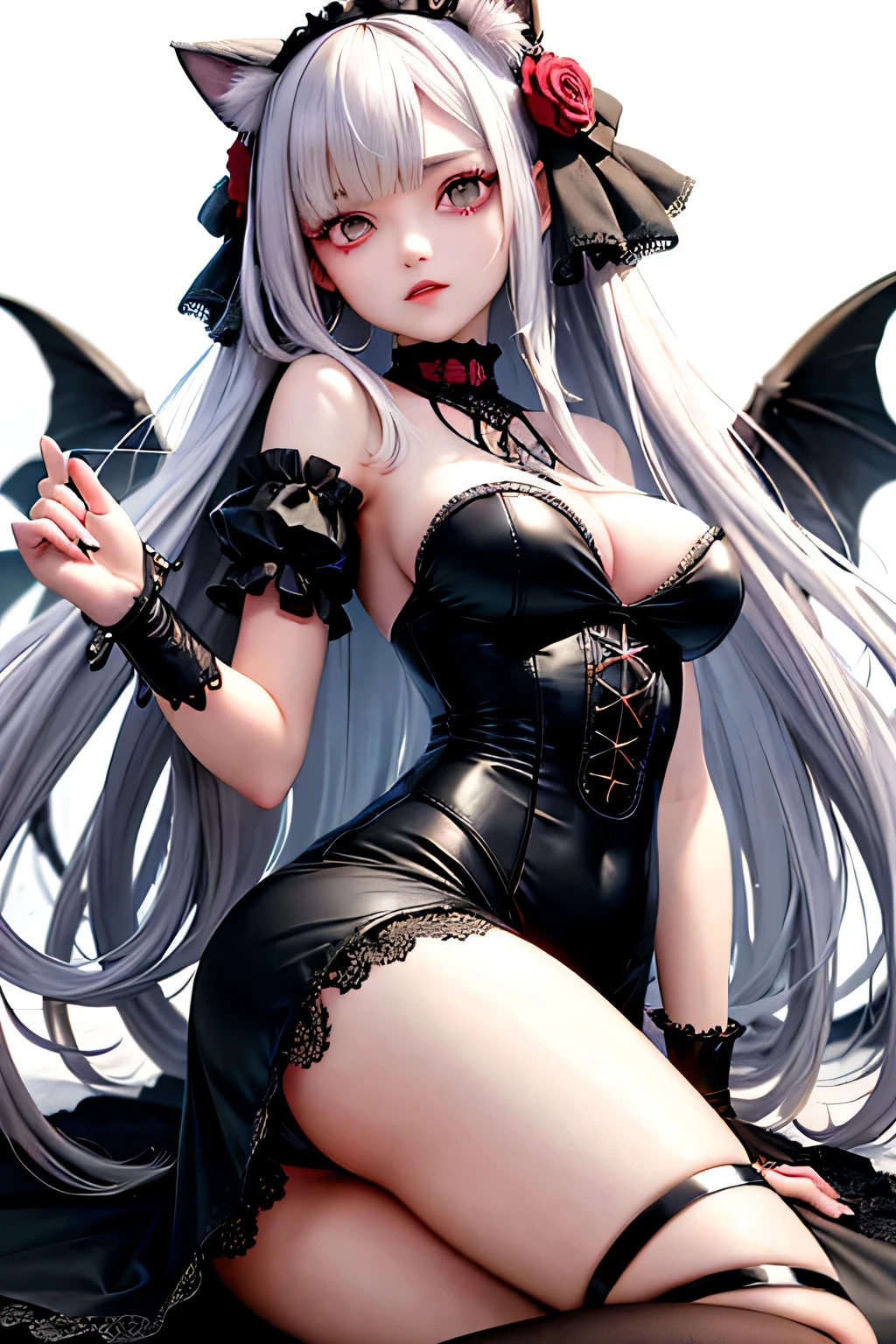 Anime Vampire Princess, long white hair, Gothic style, roses in hair, thick black eyelashes, White glowing iris, light blue dress, digital figure, Comic book style, gothic renaissance, Perfect Anatomy, Centered, Approaching perfection, dynamic, Very detailed, Gothic style castle detailed background, Blood, concept art, Smooth, Sharp focus, figure, art：Wlop と Ross Tran ,glitter，Cat ear，Red eyes