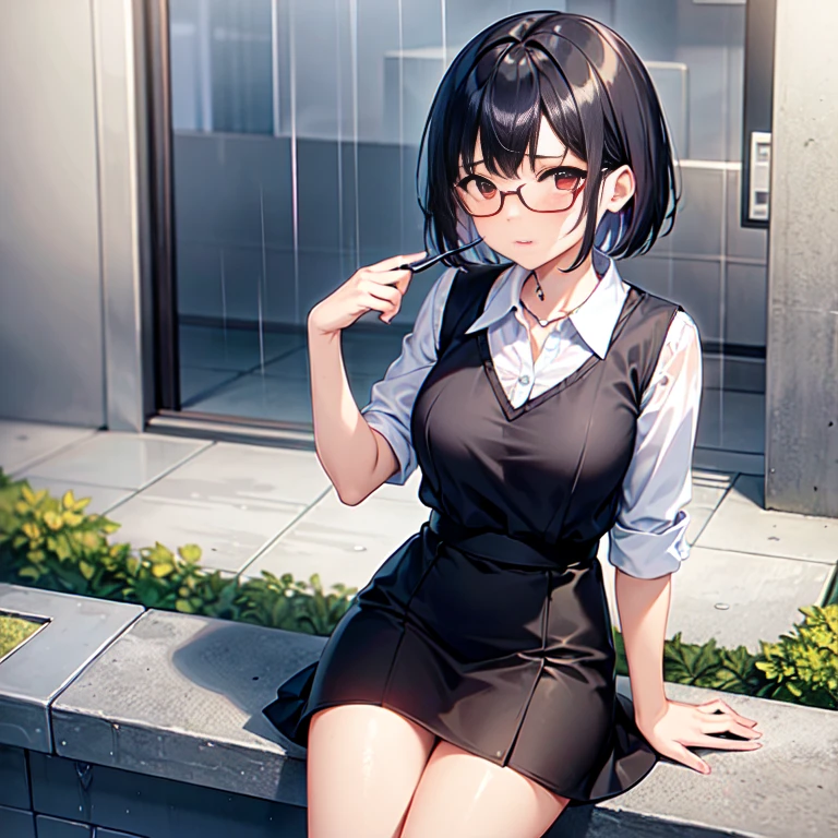 girl , short hair, black hair, red eyes, small, cute, sitting in the rain, wet, big breasts, wear glasses, white shirt , Black skirt, very short, Showing your navel, fit clothes, White Thong,